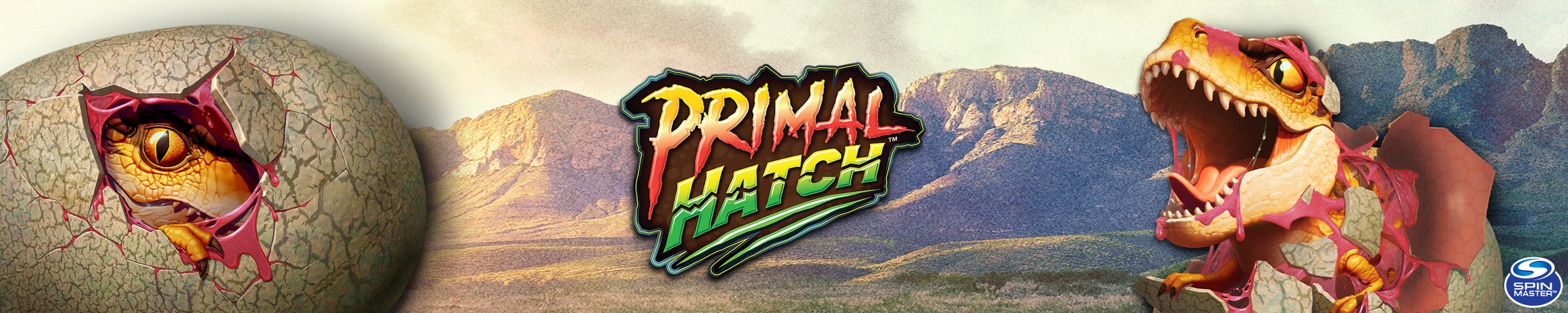 Primal Hatch dinosaur hatching from a cracked egg in the desert